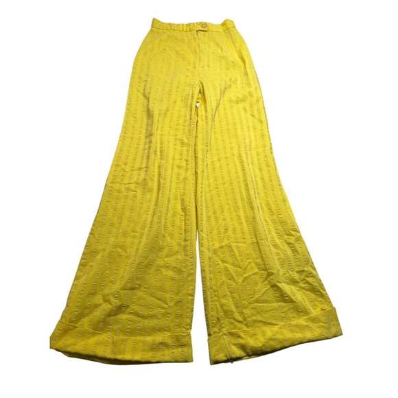 70s Limited Bright Yellow Wide Leg Bell‎ Bottom Pants 100% Cotton Embroidered